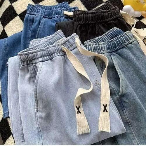 Spring and autumn jeans men's trend all-matching casual loose straight pants elastic waist long pants drawstring design