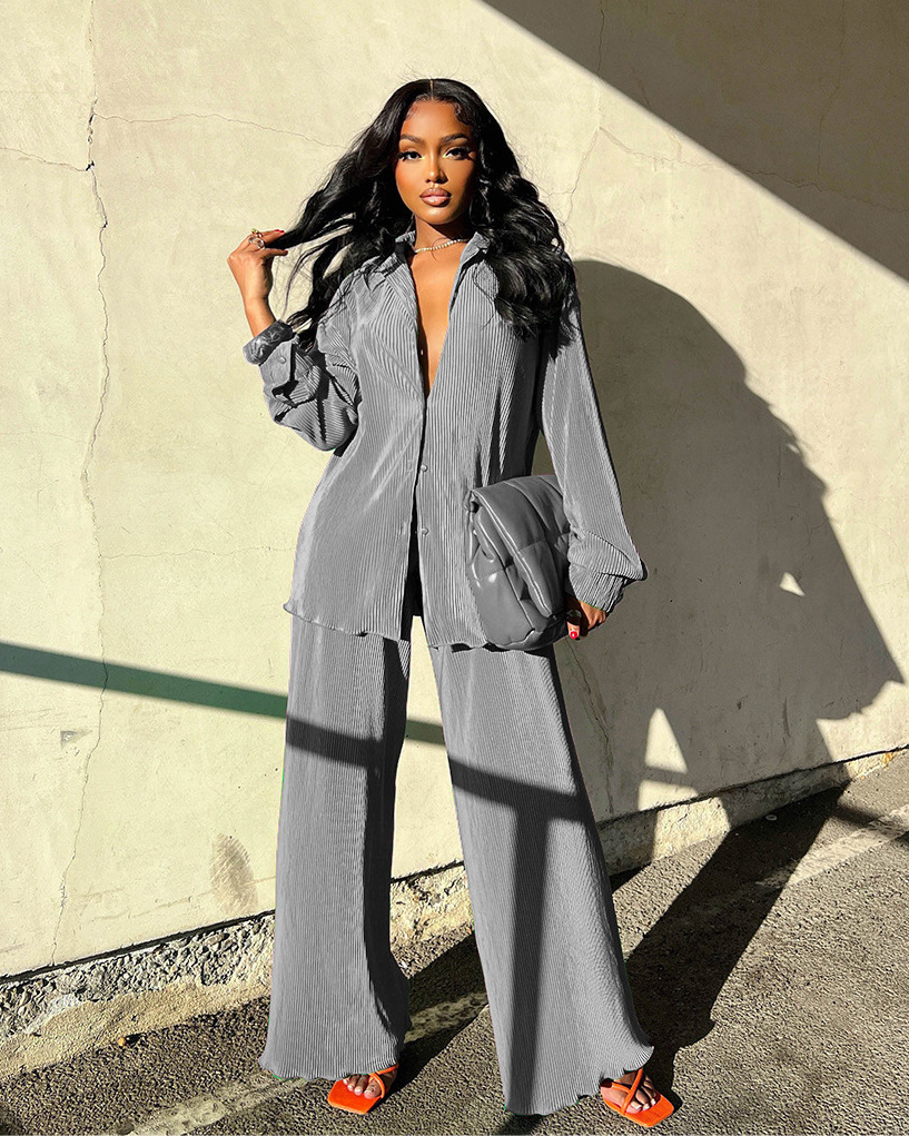 Women's Pant Sets Solid Colour Pleated Long Sleeved Suit Autumn_voghion.com