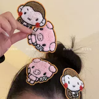 可爱卡通刺绣小猴子魔术贴少女心侧边小猪刘海贴碎发整理毛绒发饰