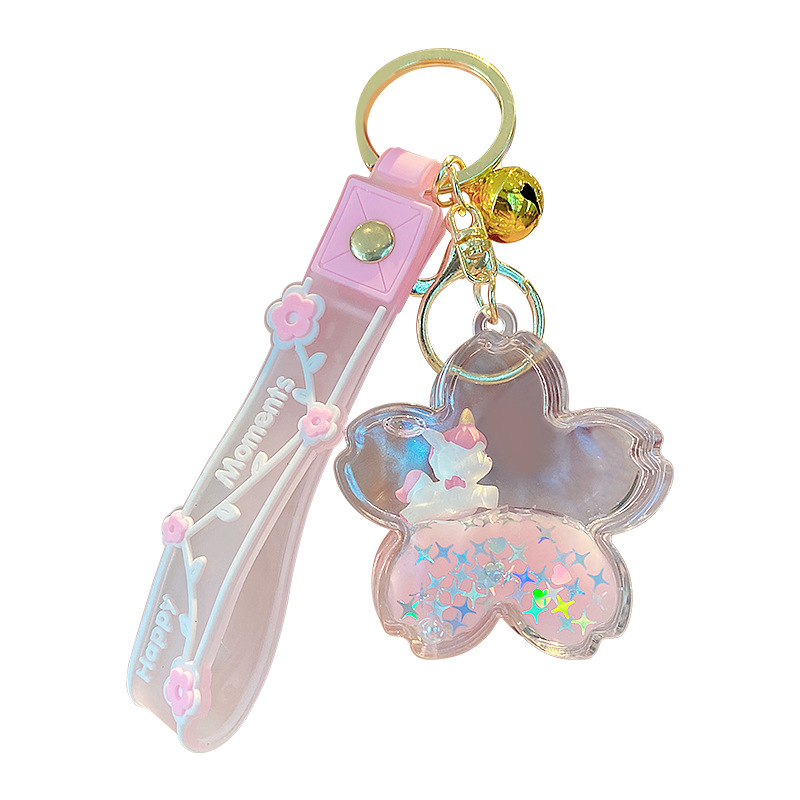 Púrpura estrella de cinco puntas líquido Quicksand llavero chica corazón flor de cerezo aceite colgante lindo tridimensional mochila adornos para mujeres