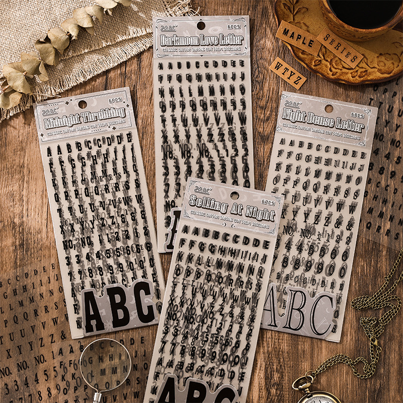 Alfabeto clásico transparente impermeable pegatinas de pet diy pegatinas de diario de cuentas de mano pegatinas alfanuméricas retro transfronterizas