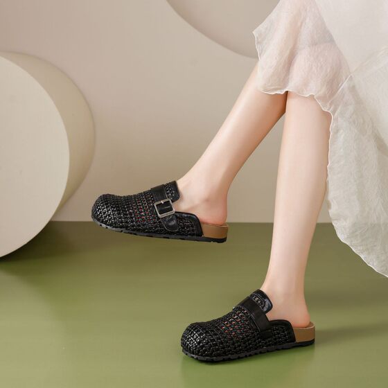 Vacation Style Woven Toe-Cap Half Slippers for Women 2025 Summer New Belt Buckle Breathable Birkenstock Outer Wear Beach Sandals
