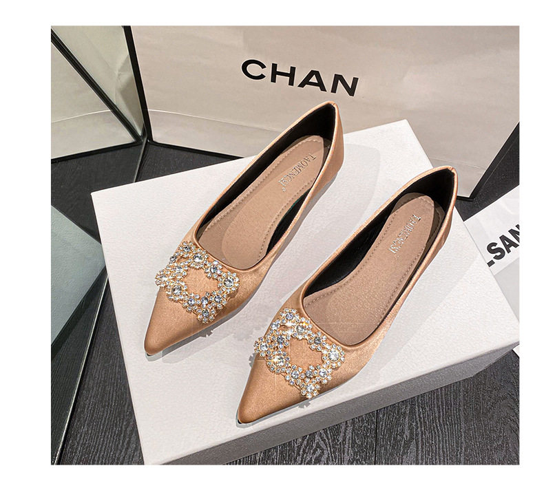 Giày búp bê nữ mũi nhọn gót thấp khóa vuông đính đá, đế cao su — Màu bạc, Màu vàng, Màu đen chi tiết 30