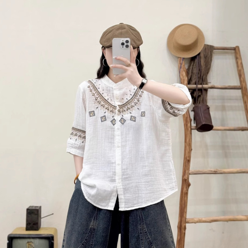 Summer New Style Three-Quarter Sleeve Shirt, Artistic Chinese Ethnic Style Embroidered Lace Lace Double-Layer Cotton Gauze Shirt 4106