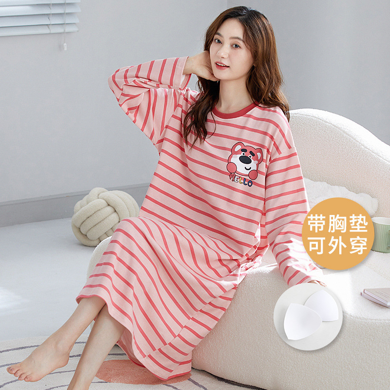 Wearable Long-sleeved Nightgown with Chest Pad Women's Spring and Autumn Mid-length New Round Neck Casual Loose plus size Home Clothes Wearable Long-sleeved Nightgown with Chest Pad Women's Spring and Autumn Mid-length New Round Neck Casual Loose plus size Home Clothes