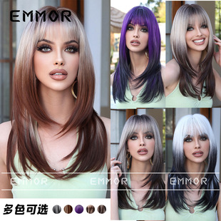 New Gradient Color-changing Qi Bangs High-level Mid-length Curly Hair Repair Age-reducing Summer Dopamine Wig Full Hair Style