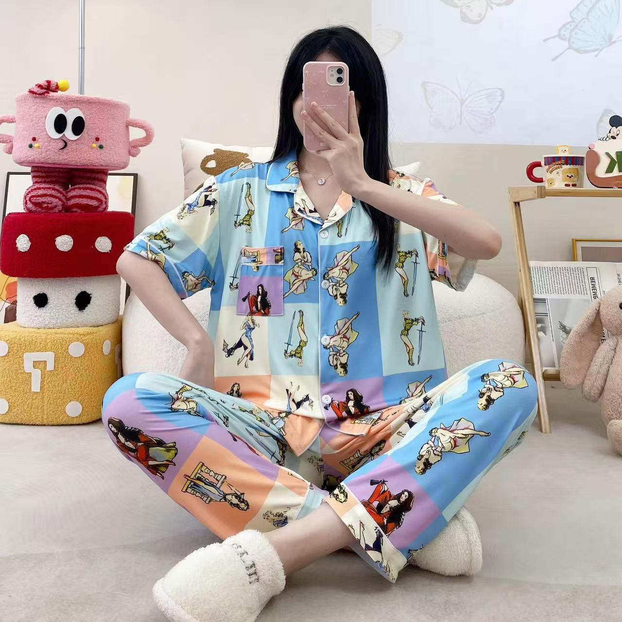Transfronterizos al por mayor algodón solapa casa pijamas de niñas pantalones largos de manga corta lindos y sueltos se pueden usar con dos piezas image 1
