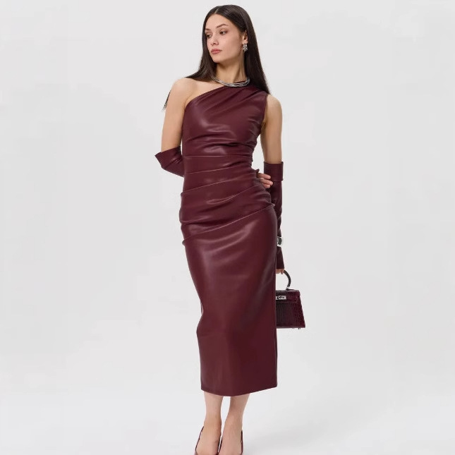 European and American Style PU Leather Sexy Slant Shoulder Irregular Pleated Sleeveless Side Zipper Split Long Hip Skirt with Sleeve European and American Style PU Leather Sexy Slant Shoulder Irregular Pleated Sleeveless Side Zipper Split Long Hip Skirt with Sleeve