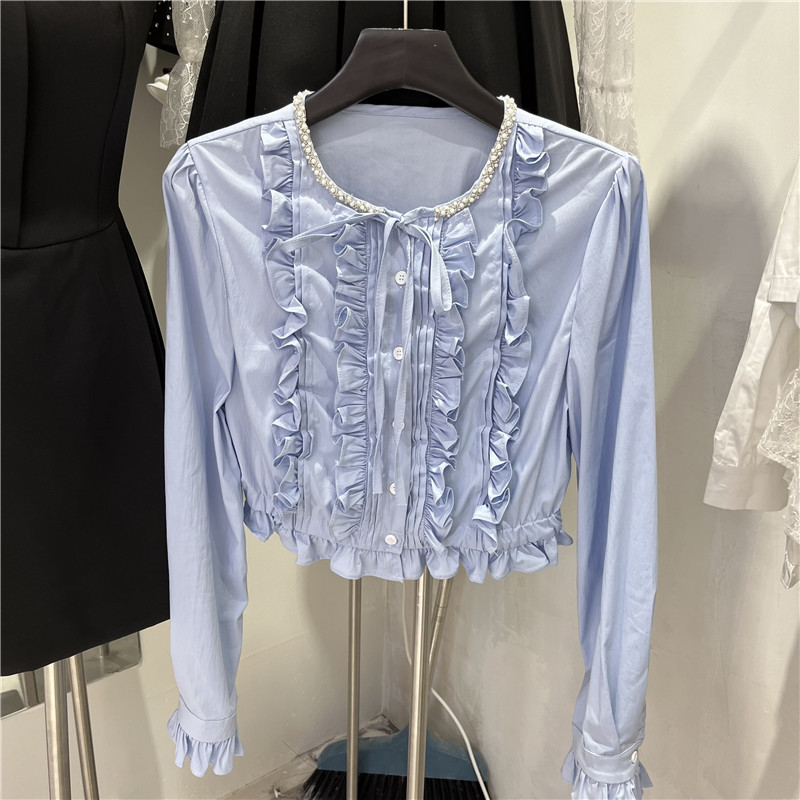 2025 Autumn New Bell Sleeve Cardigan Top with Heavy Beaded Collar, Tie, Ruffled Sweet Short Shirt for Women