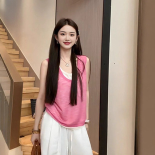 Korean fashion whitening fake two-piece splicing sleeveless vest for women summer 2026 new contrasting color splicing age-reducing top