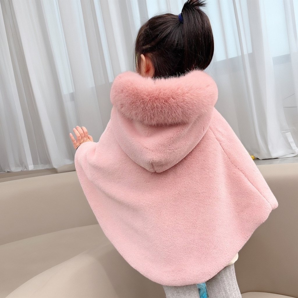 Girls' cape coat, baby fleece-lined jacket, thickened children's clothing, furry top, stylish cape for little girls