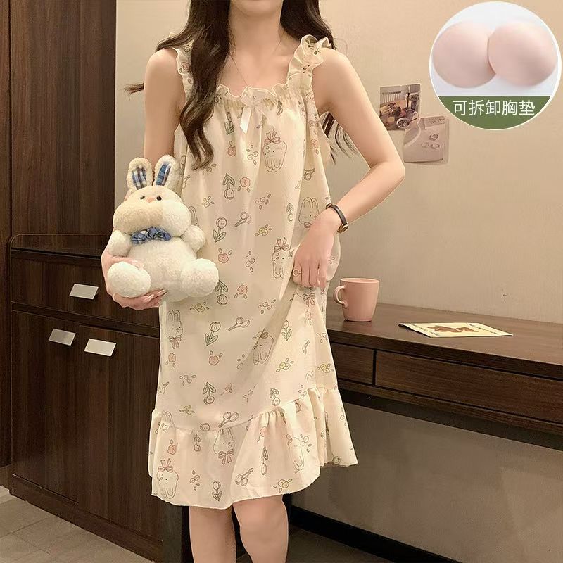 Venta al por mayor transfronteriza con almohadilla para el pecho pijamas para mujer verano espuma camisón camisón ropa a domicilio dulce y linda almohadilla para el pecho desmontable
