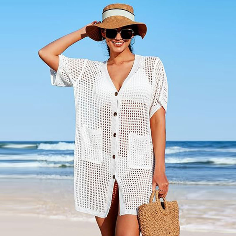 European and American Cross-Border New Style Hollow-Out Cardigan Short-Sleeve Beach Cover-Up Seaside Bikini Swimsuit Cover-Up Outerwear Cardigan for Women