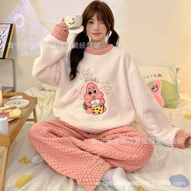 Franela otoño y invierno nueva linda niña caliente y gruesa dulce kitty gato suelto conjunto de pijamas se puede usar fuera