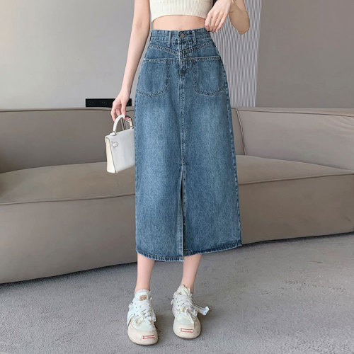 Slit skirt women's niche design pocket high waist a-line mid-length ins trendy bag hip retro denim skirt