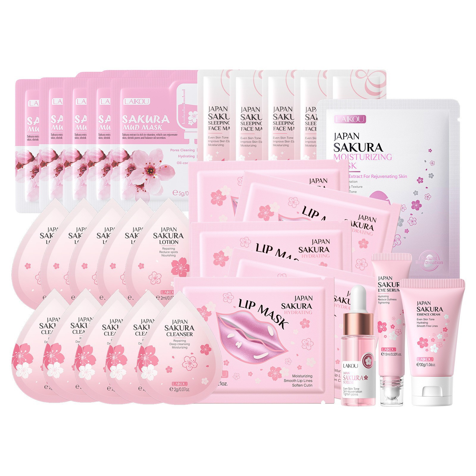 Transfronterizo LAIKOUFENYI serie de cerezo conjunto de cuidado facial hidratación humectante FDA fabricantes de stock image 7