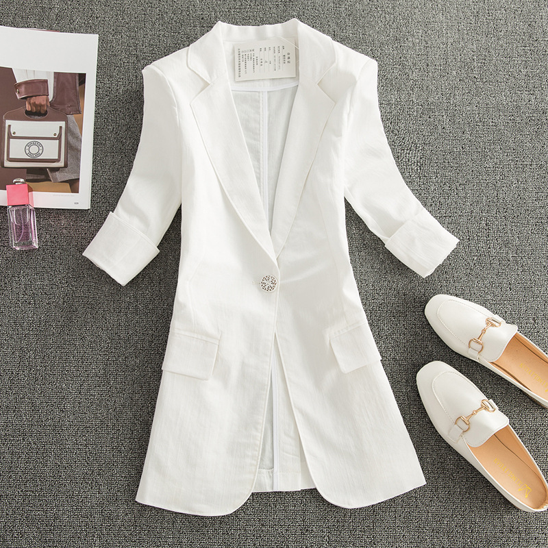 Seven-point Sleeve Cotton and Linen Small Suit Women's Jacket Mid-length 2024 Spring and Summer New Thin Linen Casual Suit Top