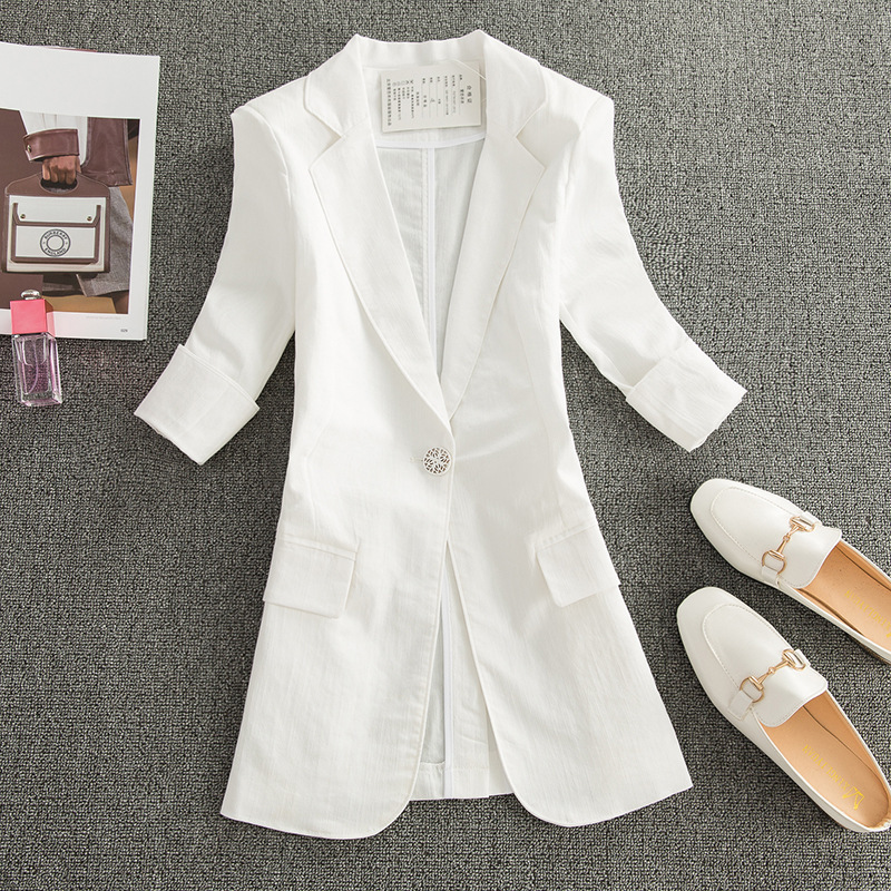 Seven-point Sleeve Cotton and Linen Small Suit Women's Jacket Mid-length 2024 Spring and Summer New Thin Linen Casual Suit Top