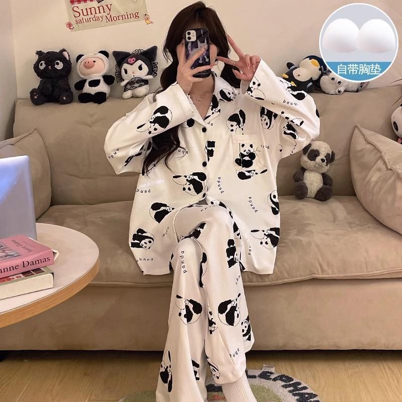 春と秋の女性用パジャマ、胸パッド付き長袖ズボン、膨らみ防止スーツ、冬と夏の女性のかわいい漫画のホーム服|undefined