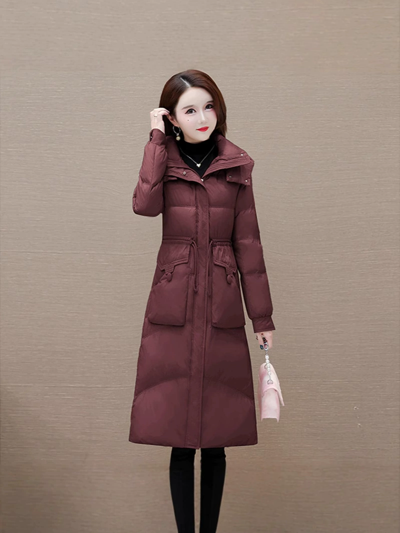 Fitted warm long brace, down jacket with hood, Korean style