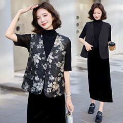 2025春秋新款马甲女提花复古两面穿背心无袖V领坎肩百搭上衣外套