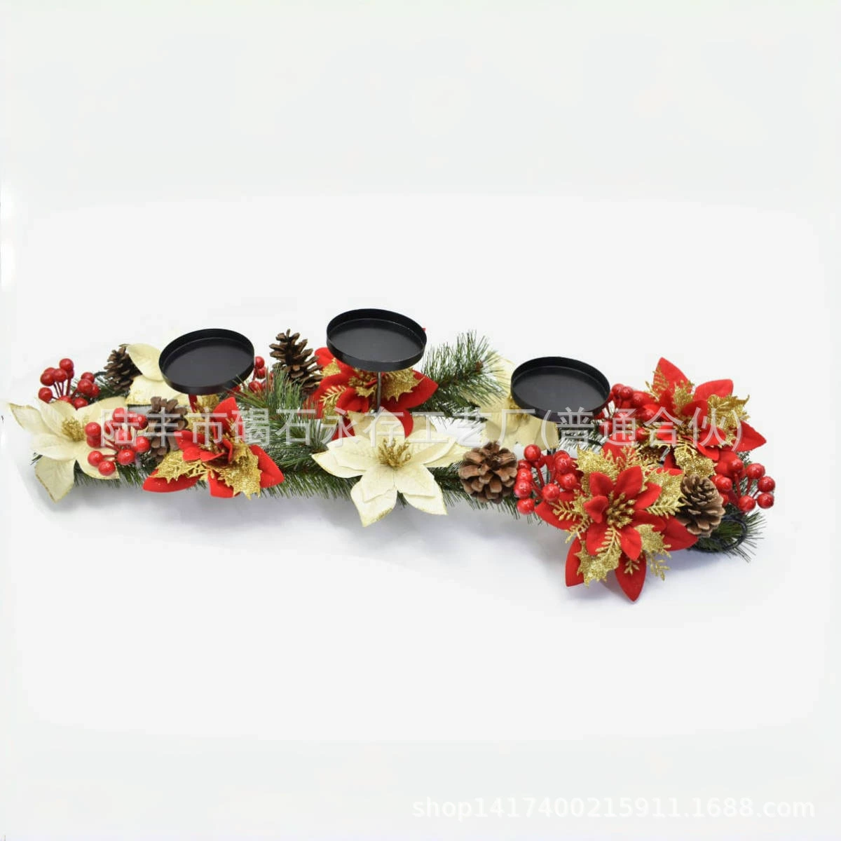 Новогодняя свечная центральная композиция с красной poinsettia, 65×20×35 см, металлические чаши для свечей