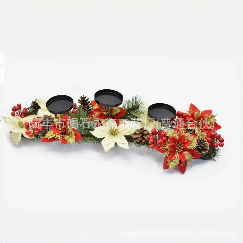 Новогодняя свечная центральная композиция с красной poinsettia, 65×20×35 см, металлические чаши для свечей