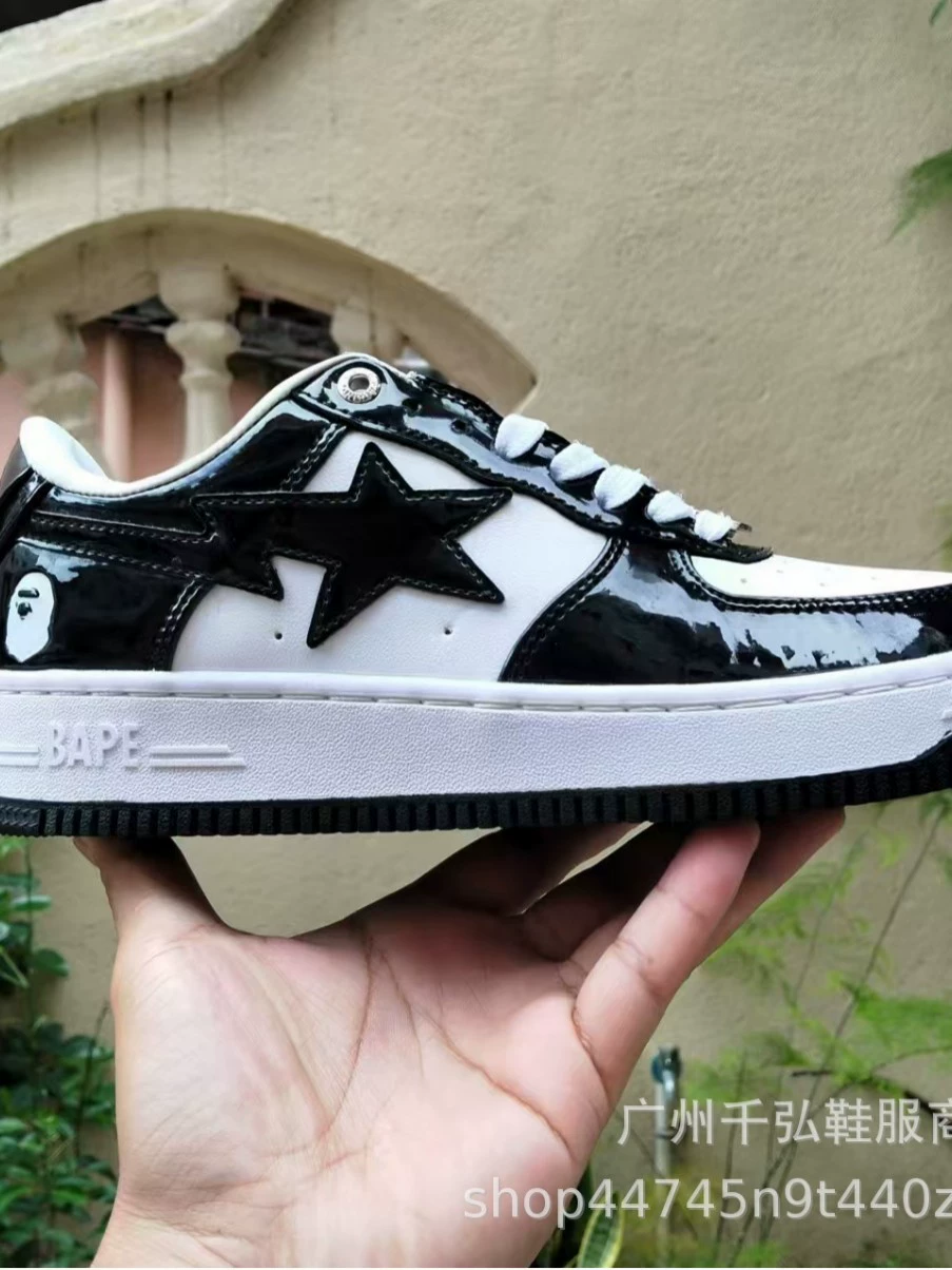 Кроссовки (BAPE) из лаковой кожи, блестящие с изображением головы обезьяны, уличный повседневный стиль