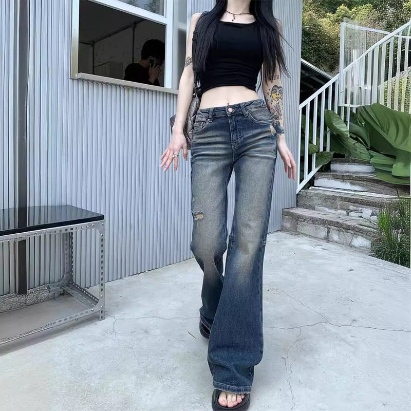 Low Waist Dressed Horseshoe Jeans Women's Summer Retro Small Slim Fit Micro Horn Pants Low Hip Trousers