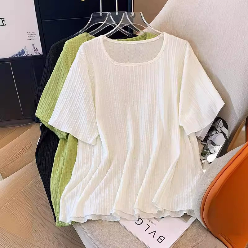 130/ 150kg Женская свободная тонкая футболка больших размеров с диагональными иглами, жаккардовая футболка с квадратным вырезом и короткими рукавами, три цвета X2649