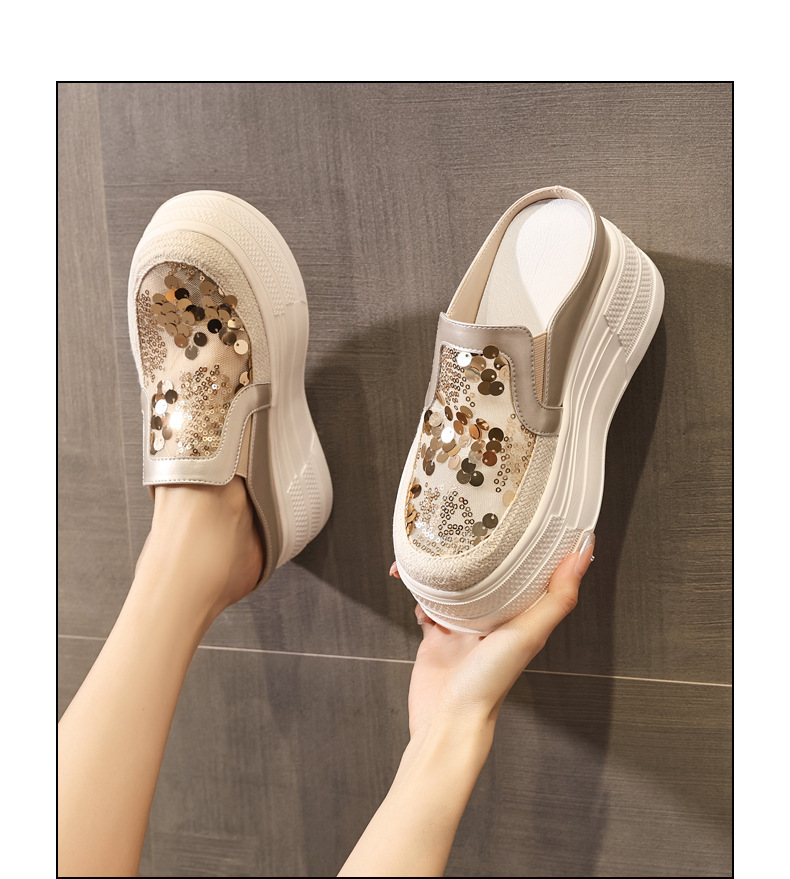 Giày sneaker nữ đế dày tăng chiều cao, kiểu lười một chân, mũi trùm, phối sequin, mùa hè 2026 — màu vàng, bạc chi tiết 14