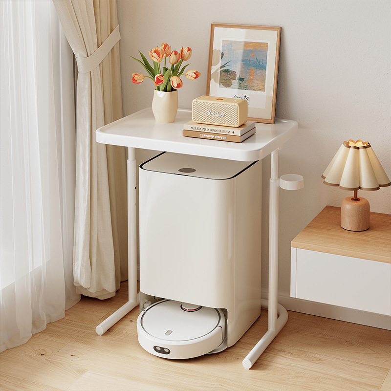 Estante de robot de barrido para el hogar, junto al mueble de TV, sala de estar blanca, sofá, estante de almacenamiento de lujo simple y moderno