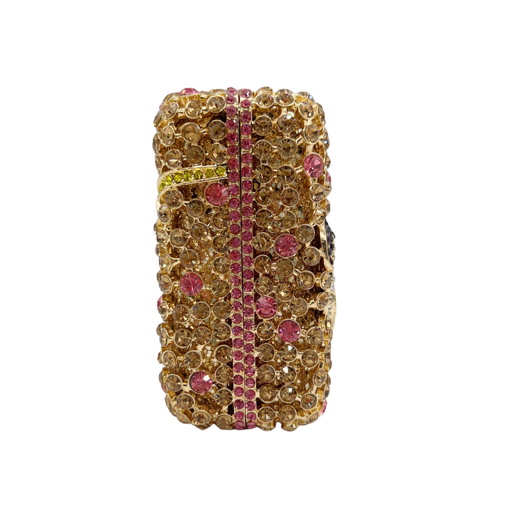 Túi clutch dạ hội nạm kim cương hoa hộp kim loại cứng — màu vàng