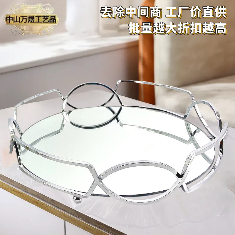 Hogar plato de fruta de hierro de estilo europeo cuadrado artesanía de hierro bandeja redonda decoración artesanal de vidrio bandeja de almacenamiento de café ins