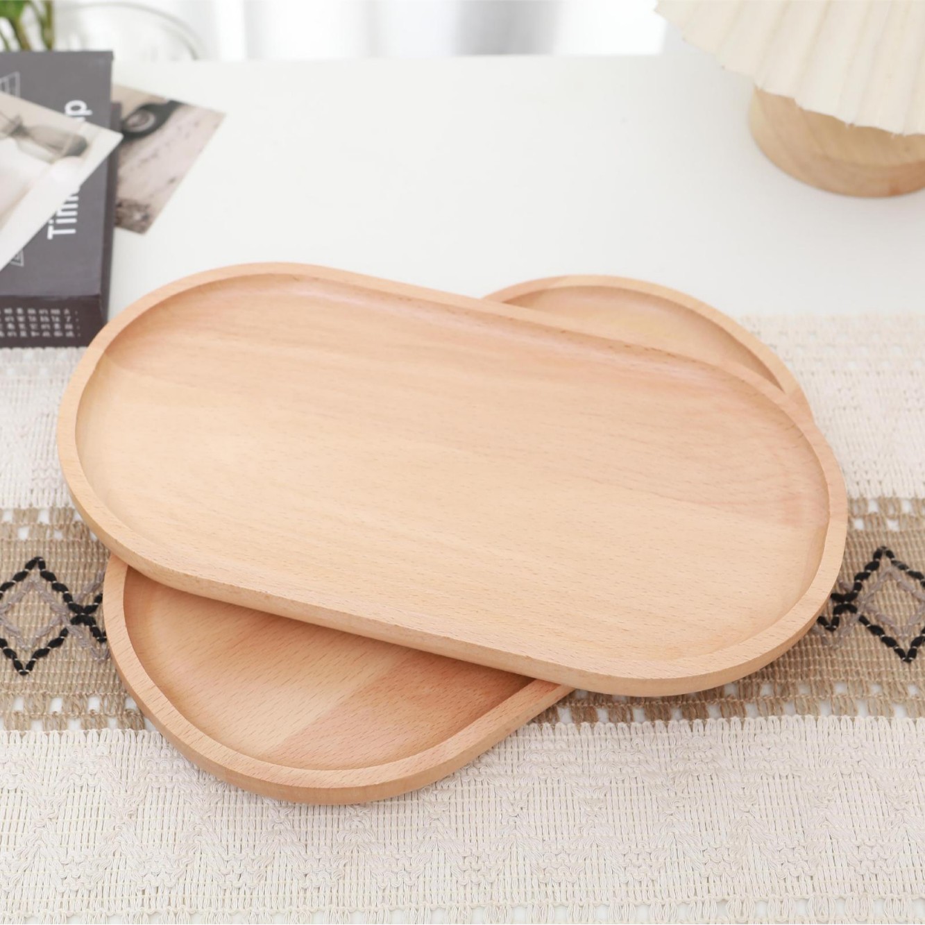 Bandeja elíptica de madera de tabla de filete, bandeja de pizza de haya, bandeja de madera maciza, bandeja de dim sum, bandeja de pastel, bandeja de almacenamiento