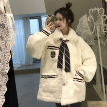 【送领带】仿羊羔毛外套女2025冬季新款学院风卫衣加厚宽松棉衣棉