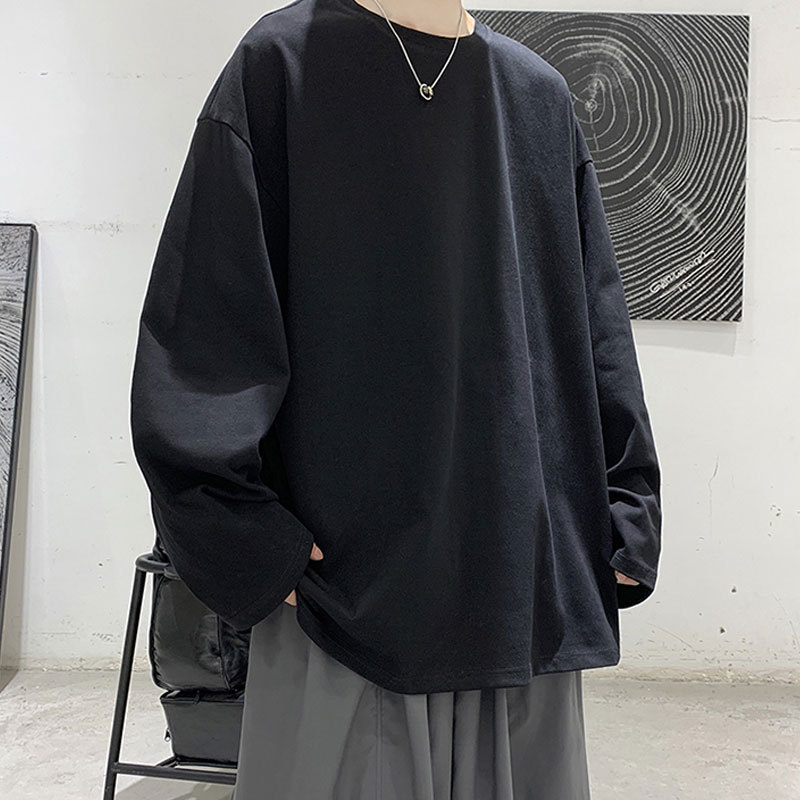 Loose Trendy Ins Hong Kong Style Youth Autumn Solid Color Top Casual Sweatshirt Thick Long Sleeve T-Shirt Unisex Cool