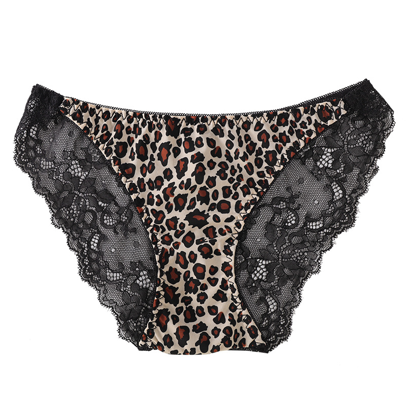 Women's Traceless Ice Silk Lace Leopard Print Girl's Sexy Underwear Thin Japanese Large Size Cotton Crotch Low Waist Briefs