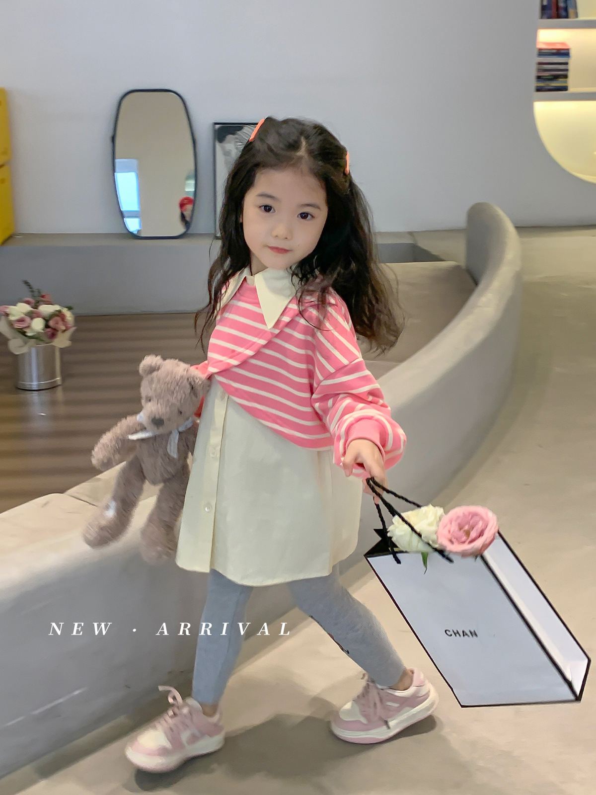 2023新款23春裝新款韓版女童襯衫寶寶寬松上衣洋氣假兩件兒童襯衣
