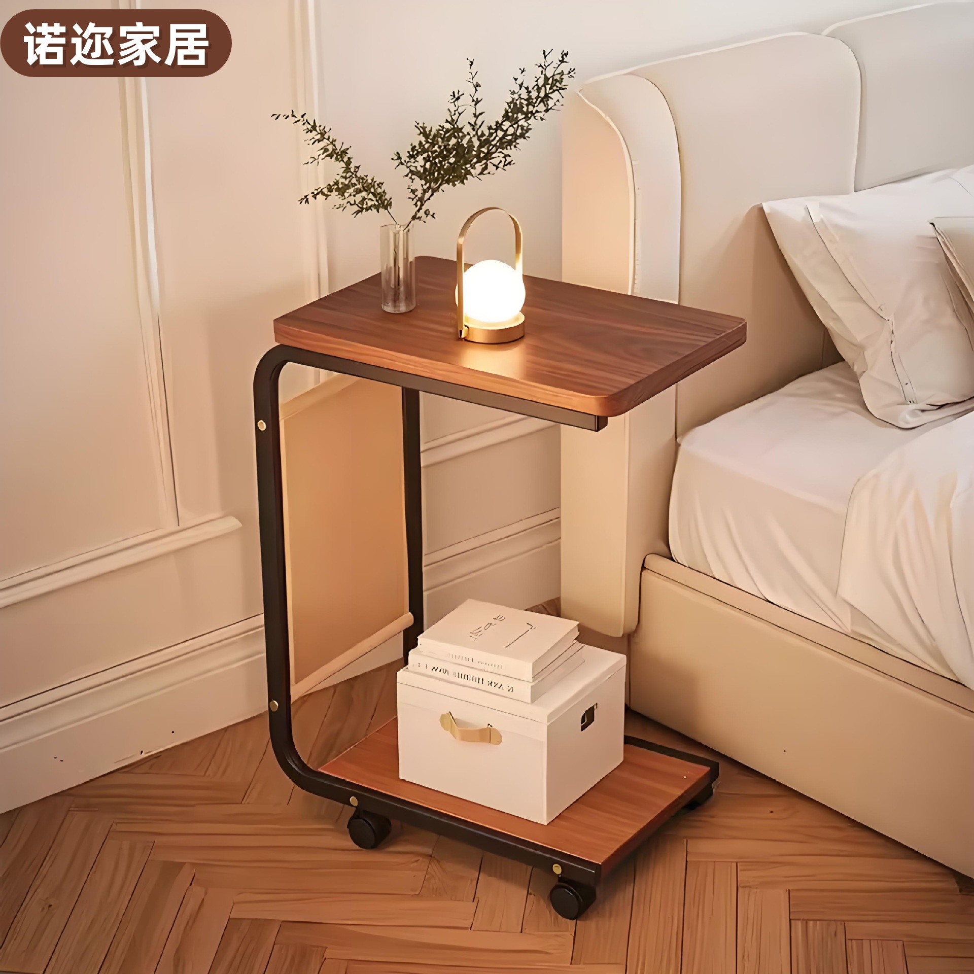 Cabina de cabecera de cama de aire de crema para el dormitorio doméstico, sofá móvil, gabinete lateral con estantes de ruedas, mesa de té multifunción