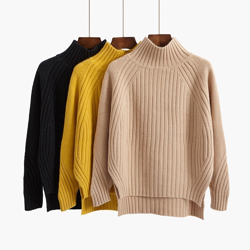 Autumn and Winter New Korean-style Half-turtleneck Knitted Sweater Women's Pullover Loose Split Student Thickened Short Sweater Women's Clothing Autumn and Winter New Korean-style Half-turtleneck Knitted Sweater Women's Pullover Loose Split Student Thickened Short Sweater Women's Clothing