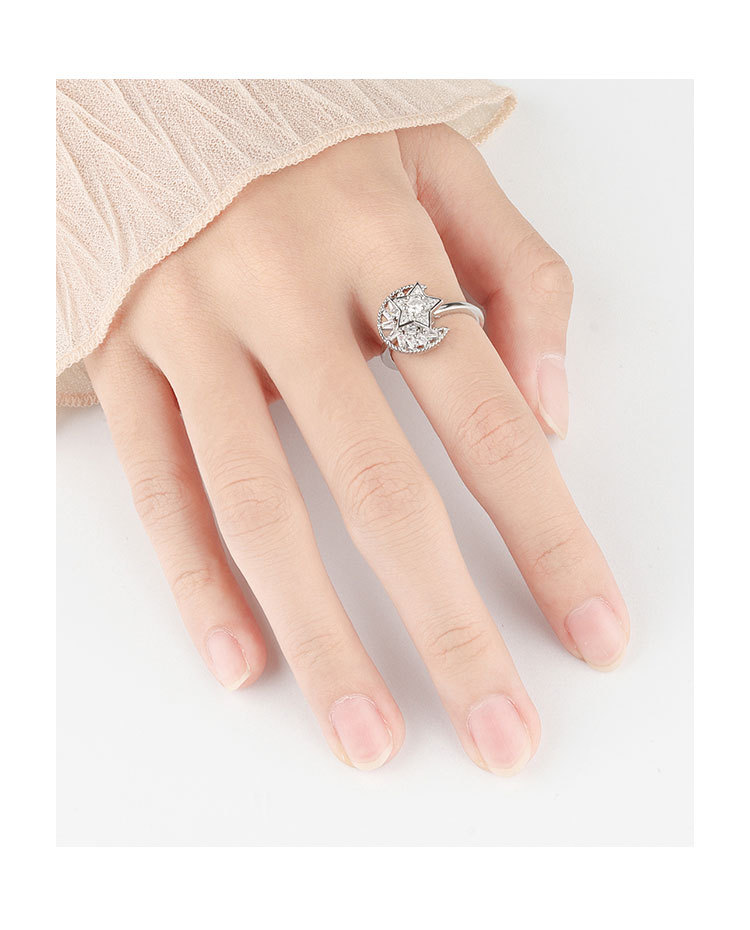 Copper Material Geometric Pattern Fashion Golden Star Moon Zircon Rotating Copper Open Ring