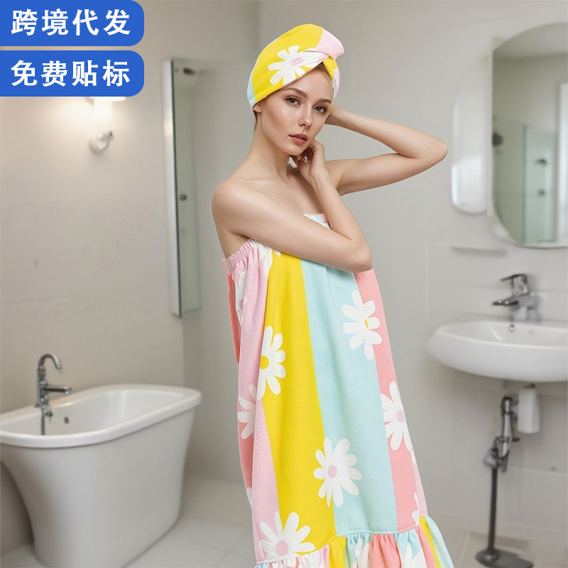 跨境印花浴裙浴帽套装柔软吸水速干洗头干发帽洗澡浴巾沙滩巾|undefined