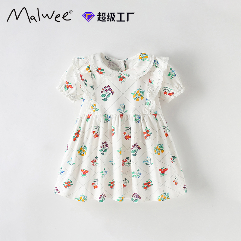 Malwee vestido de niña de verano de mangas cortas, vestido de princesa de cuello redondo para niños europeos y estadounidenses, vestido de niña