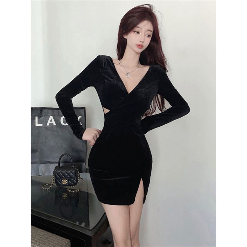 Golden Velvet V-neck Low-cut Long-sleeved dress Women's Early Spring Slim-fit Slimming Split Pure Sexy Hip Skirt