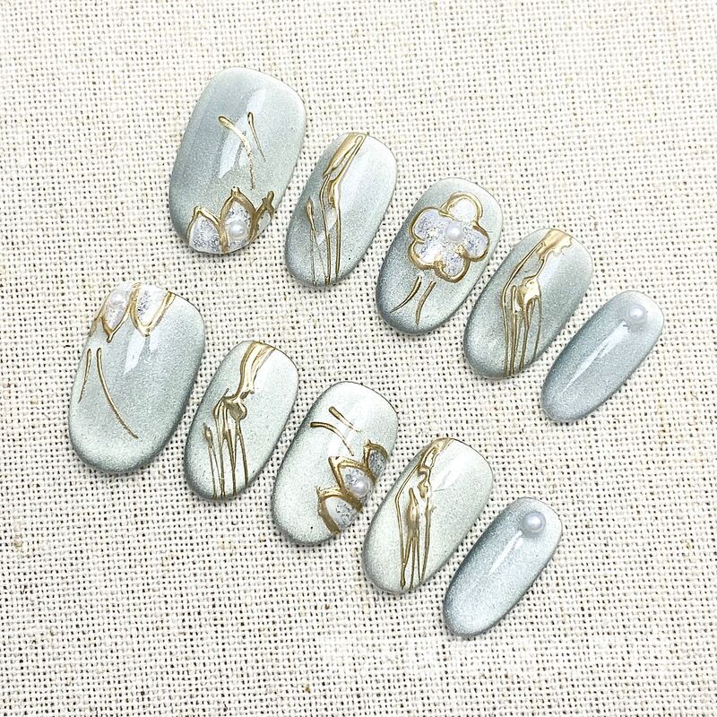 Sugar Princess Pure Handmade Wearable Nails Flower Cat Eye Magic Mirror Powder Manicure Pure Desire Light Luxury Short Oval Nail Tips