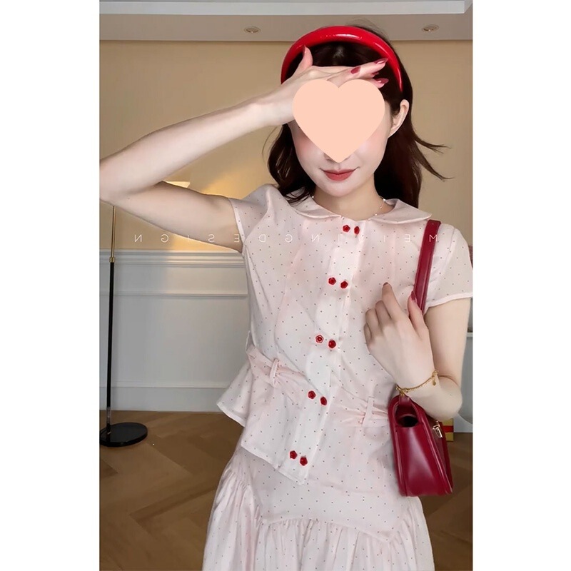 Real Price French Sweet Style Doll Collar Polka Dot Short-Sleeved Shirt Top High-Waisted Slimming Skirt Set Polyester Real Price French Sweet Style Doll Collar Polka Dot Short-Sleeved Shirt Top High-Waisted Slimming Skirt Set Polyester