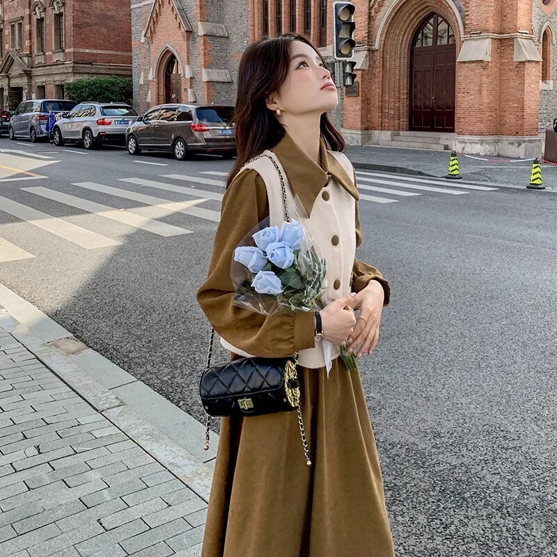 长袖衬衫连衣裙女套装2025秋冬新款设计感马甲洋气时髦长裙两件套|undefined