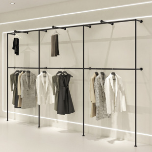 Clothing store display stand stainless steel matte black wall double-layer clothes pole floor-standing men's and women's clothing store display shelf