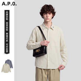APO男装|跨境纯棉男士条纹长袖衬衫松弛感宽松翻领衬衣休闲上衣男